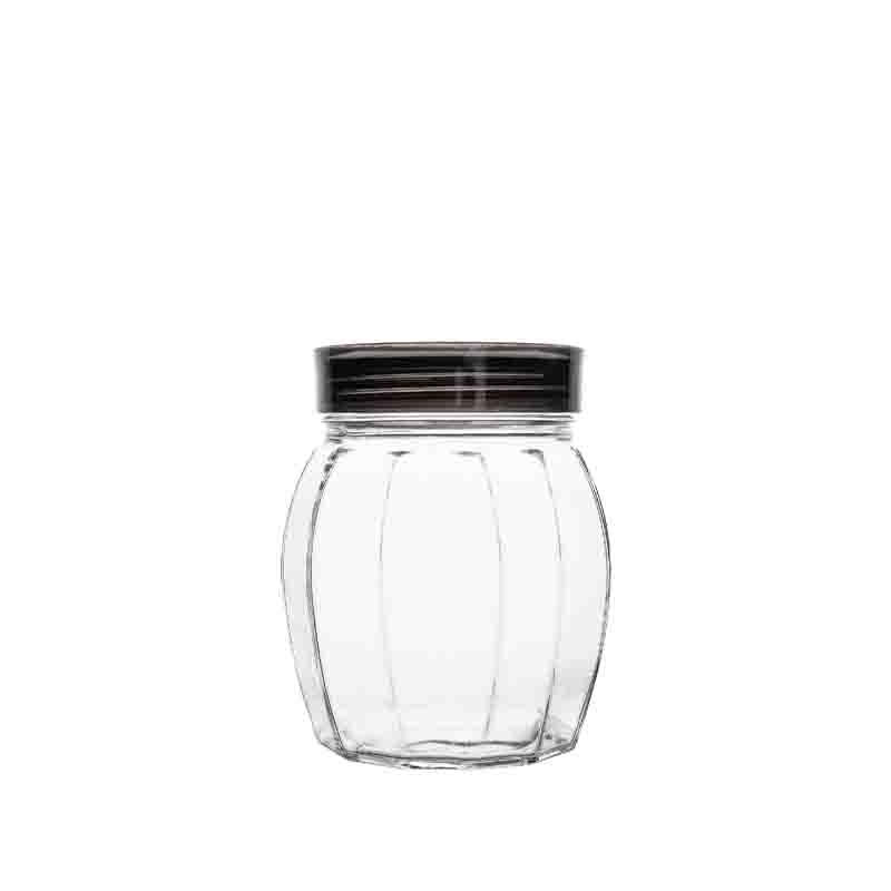 ribbed glass jar with black lid