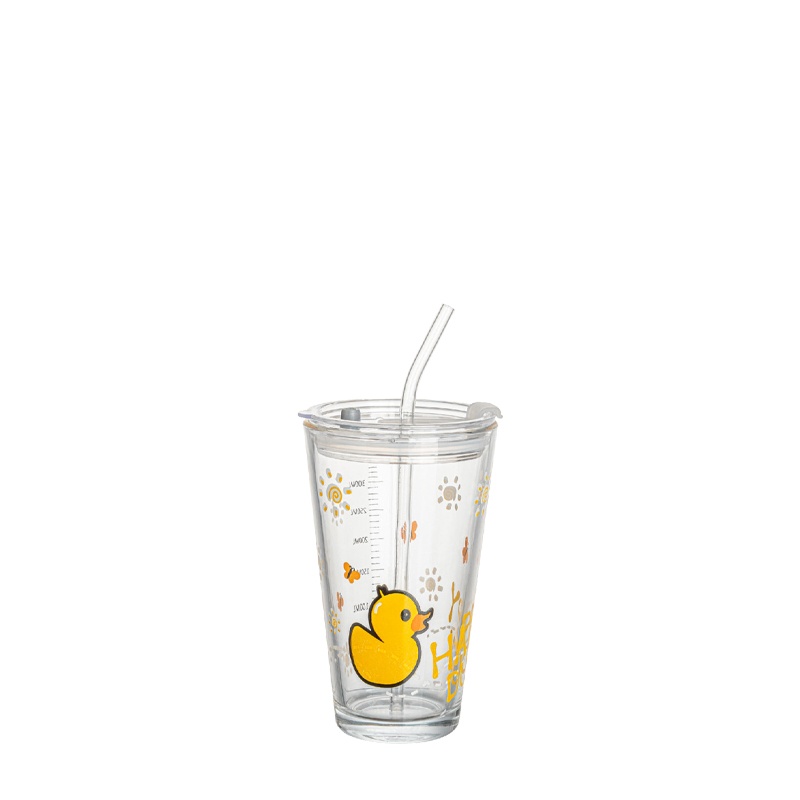 Commercial‑grade printed glass cup with duck pattern for wholesale drinkware supply
