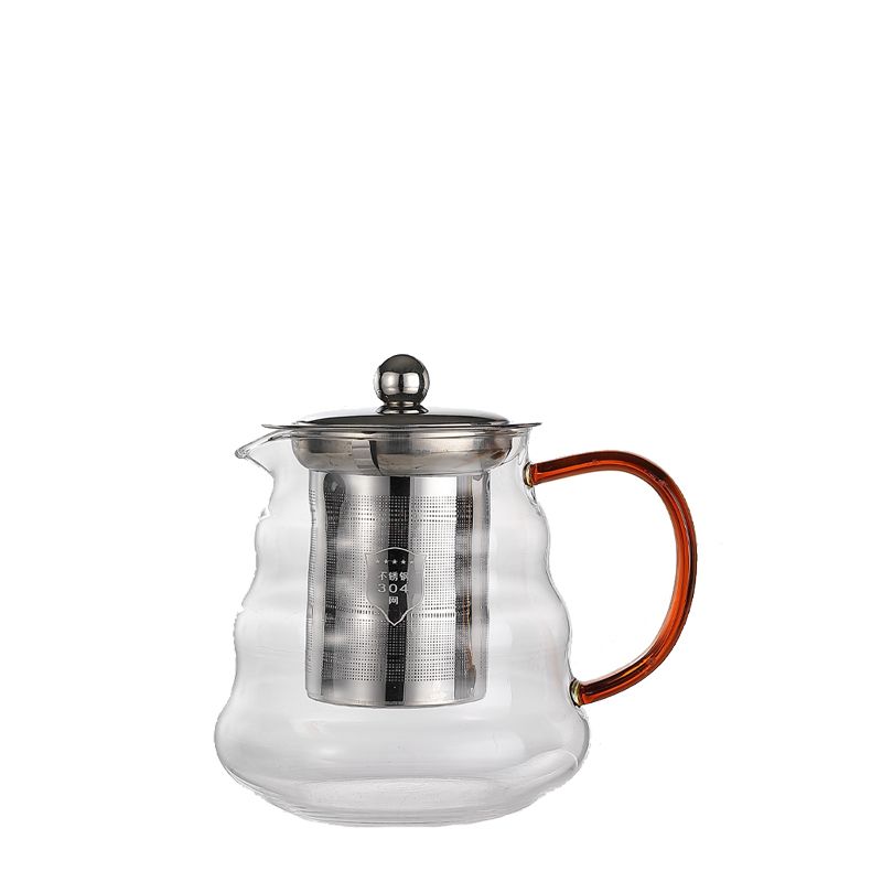 750ml borosilicate glass teapot with 304 stainless steel infuser, heat‑resistant clear wavy body and amber handle for flower tea and green tea brewing