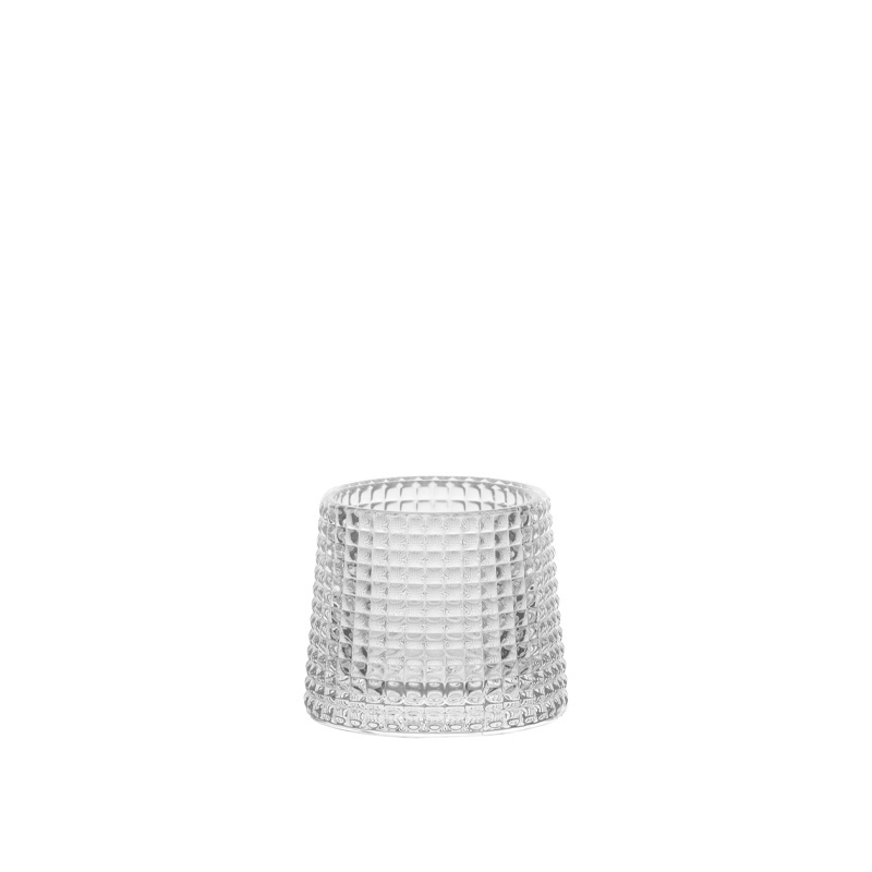170ml textured glass tumbler featuring a waffle hobnail pattern and tapered cone shape, premium soda-lime glassware for water, espresso, and spirits OEM manufacturing.
