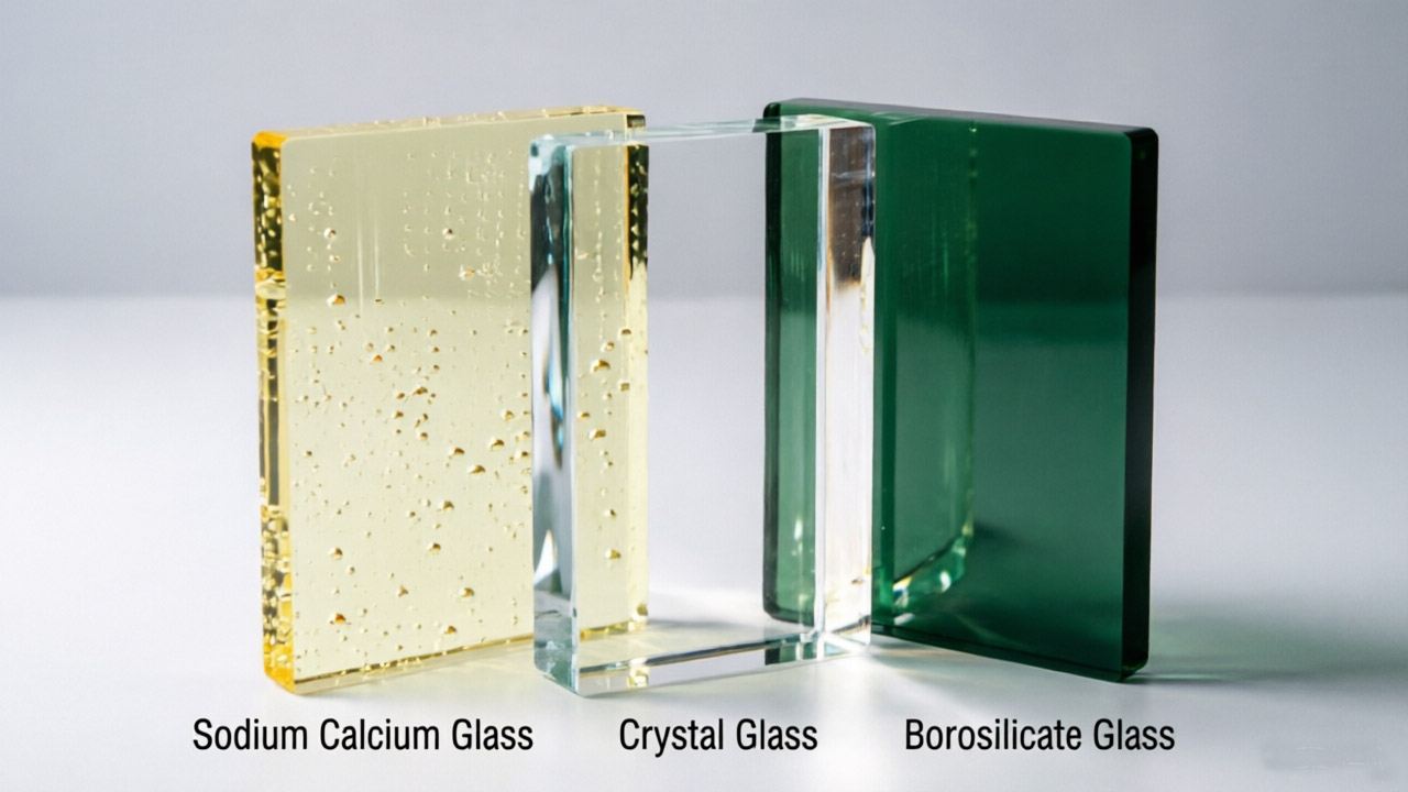 Samples of three different materials for making glassware.