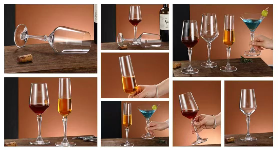 A product collage of XINGHUO Glass 2026 crystal glassware collection, featuring elegant red wine glasses, champagne flutes, and martini cocktail glasses with textured multi-faceted stems on a wooden table.