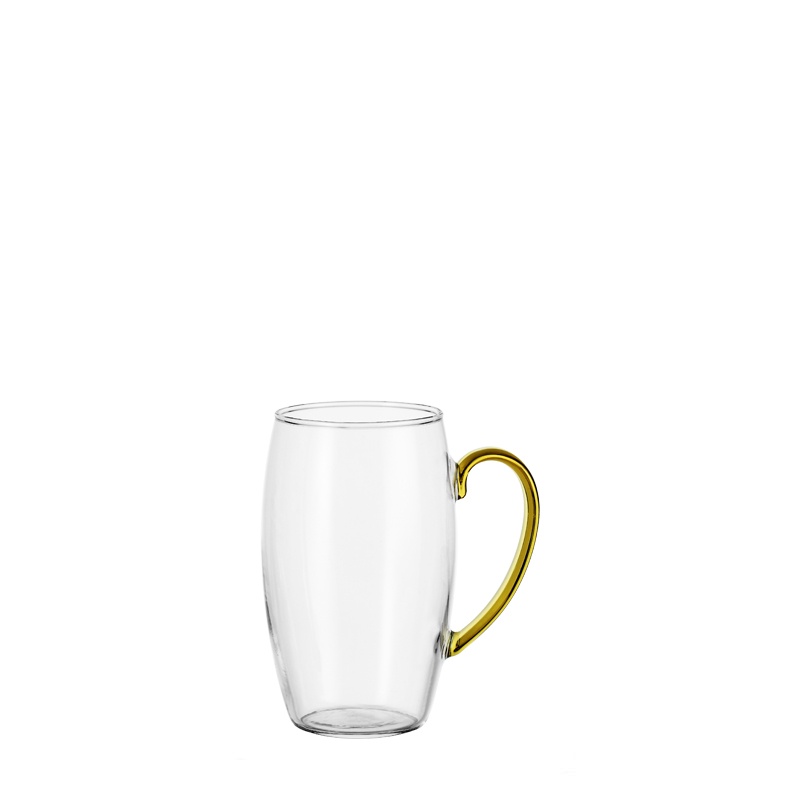 Clear egg-shaped borosilicate glass mug featuring a vibrant translucent amber gold handle, designed for hot coffee, tea, and everyday minimalist drinkware