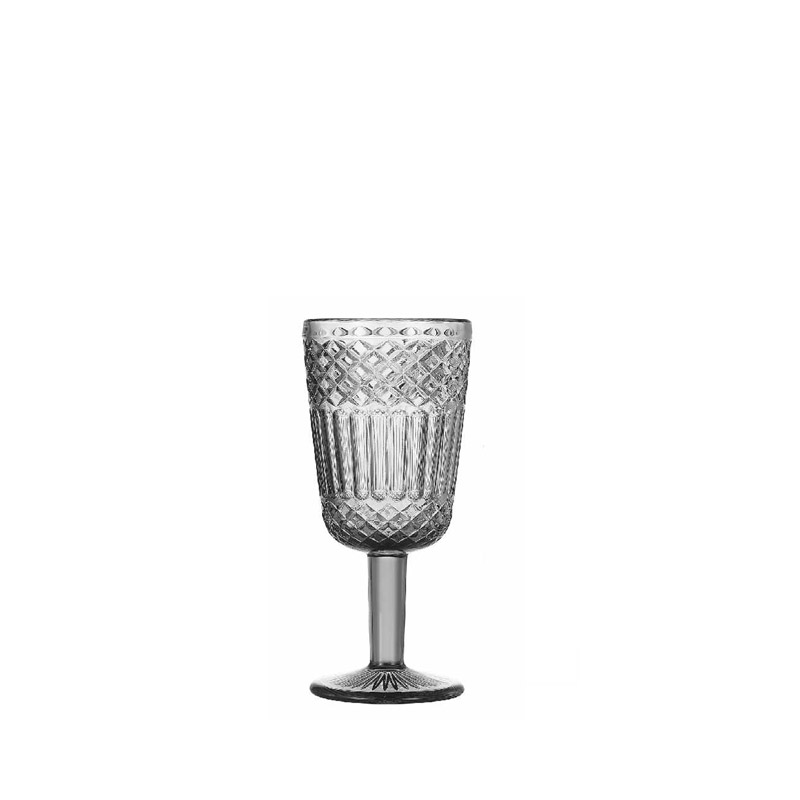 Clear textured glass wine goblet with diamond‑cut pattern and vertical ridges, 300ml solid glass design for restaurants, hotels, and retail tableware.