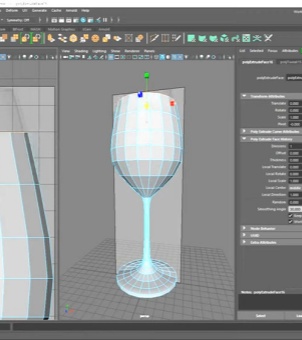 Low-poly network structure display in 3D modeling software Screenshot of the Autodesk Maya 3D modeling software user interface. The center of the screen displays a white stemmed wine glass mesh model under construction, with a partial view on the left and the attribute editor panel on the right. The model features dense blue geometric lines and is currently in the polygon extrusion and shaping stage.