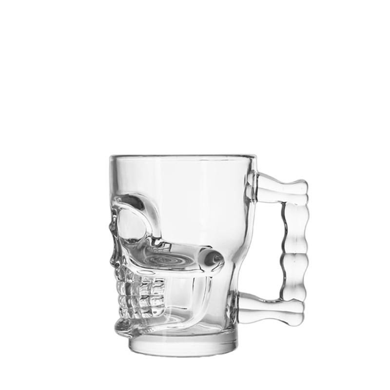 This is a product photo featuring Xinghuo Glass's creative 3D skull beer mug series (wholesale skull beer mug supplier), shot against a pure white background in a standard B2B e-commerce style. In the center of the pristine white background sits a uniquel