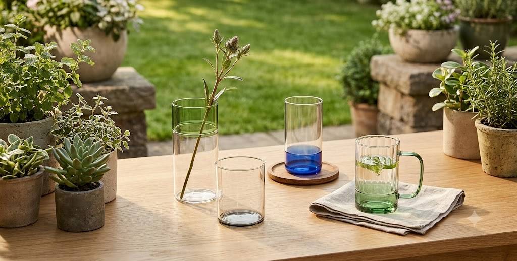 handmade-color-blocked-borosilicate-glassware-garden-set Handmade color-blocked high borosilicate glass cups and mug arranged on a wooden table in a sunny garden setting, surrounded by potted green plants