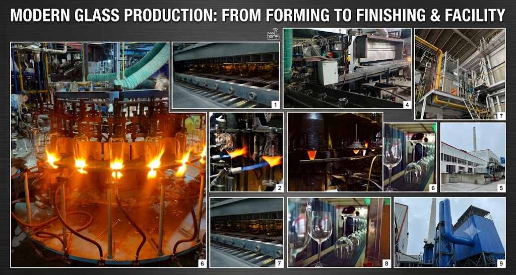A detailed photo collage illustrating the modern glass production process of stemware, from high-heat molding with flames to continuous conveyor transport, quality finishing, and factory facility views, titled 'MODERN GLASS PRODUCTION'