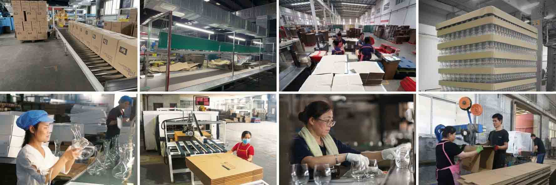 Xinghuo Glass packaging workshop featuring automatic conveyor lines, glass decanter inspection, carton assembly, and stacked glass products ready for shipment