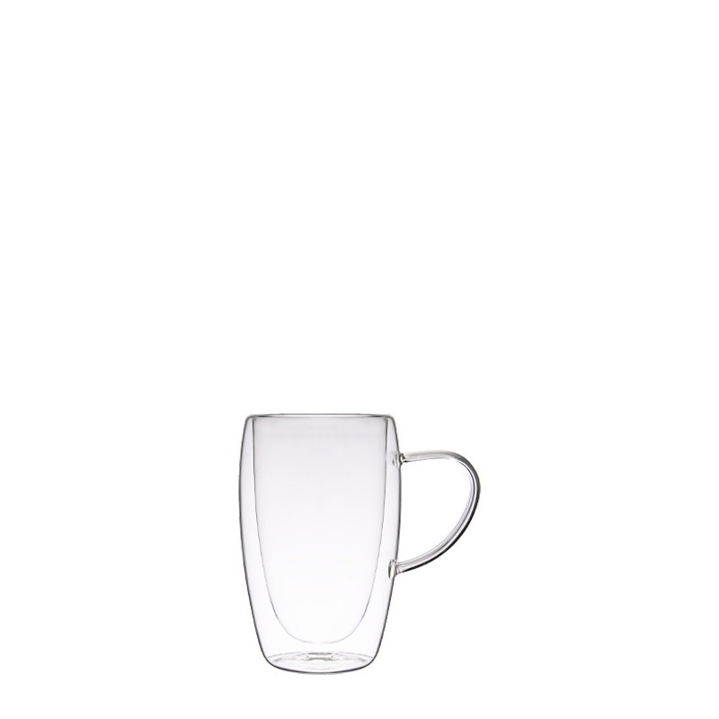 Image of a double-walled borosilicate glass coffee cup with a handle against a pure white background.