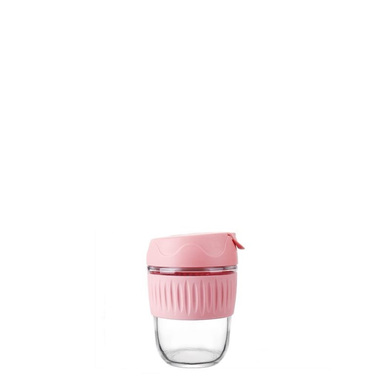 Xinghuo Glass portable coffee mug with pink heat-resistant silicone sleeve and sealing lid.