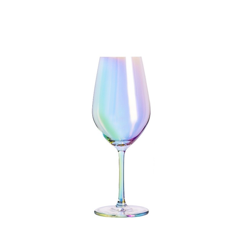 The Xinghuo Glass iridescent crystal wine glass is displayed against a pure white background, its surface reflecting a rainbow-like sheen.