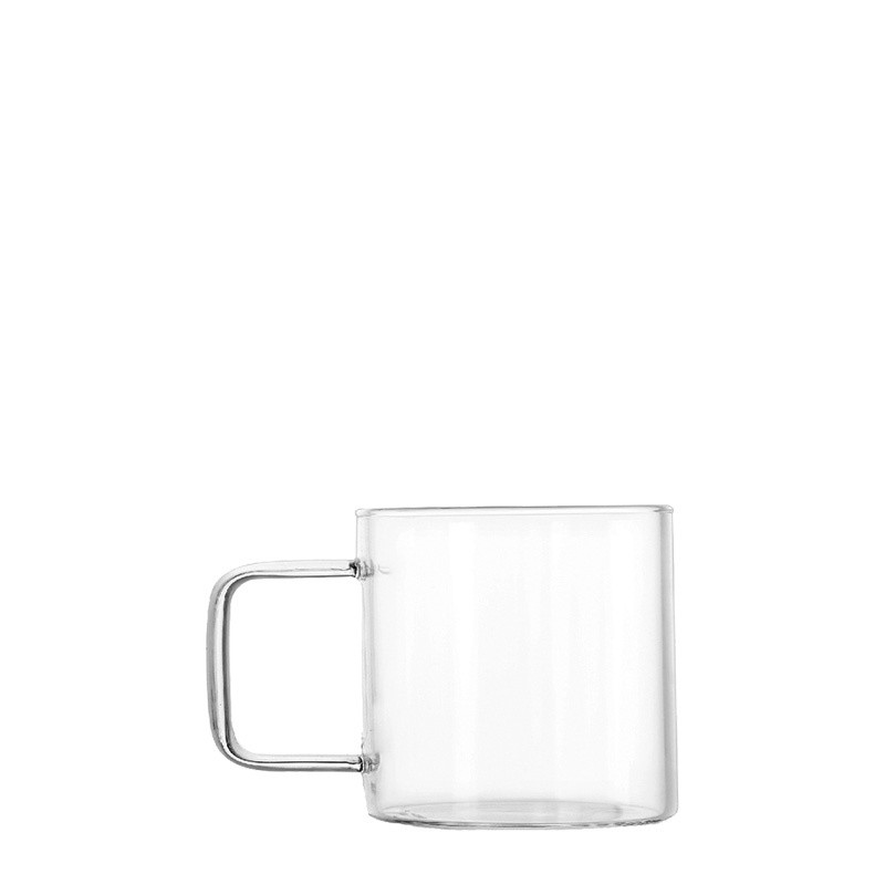 Xinghuo Glass high borosilicate transparent cylindrical glass mug with a square handle, placed in the center against a pure white background.