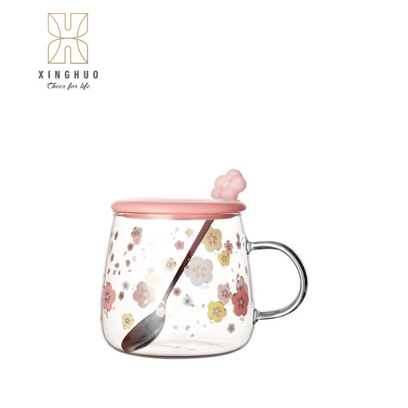 Xinghuo Glass Floral Print Glass Mug with Pink Lid and Flower Spoon - Product Image